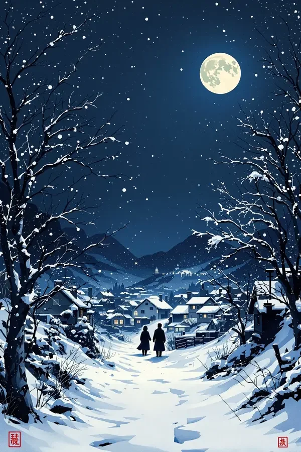 雪落无声电影海报——雪夜小镇中的父子